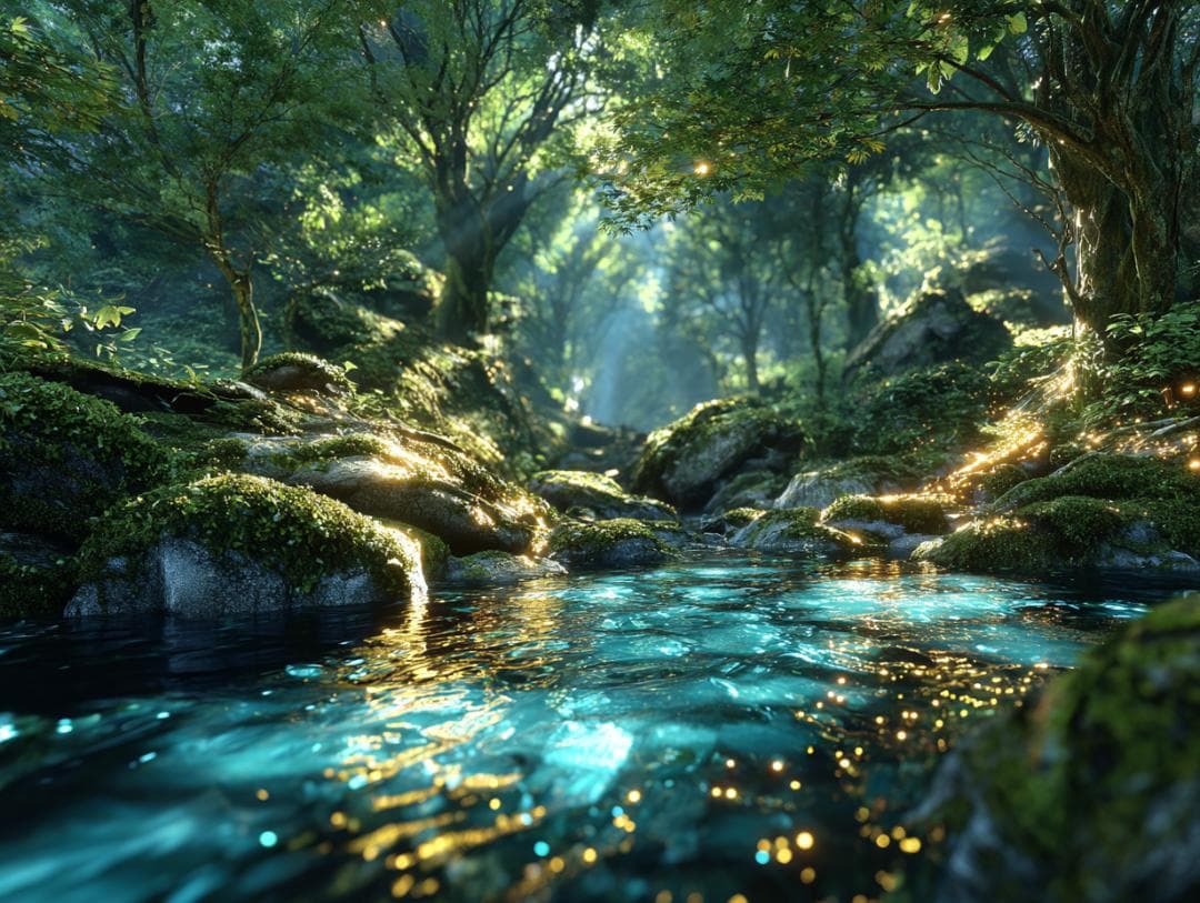 445【神霊山水・神宿り】清らかな森と水の浄化・癒やしの光【神仏画・風景画】