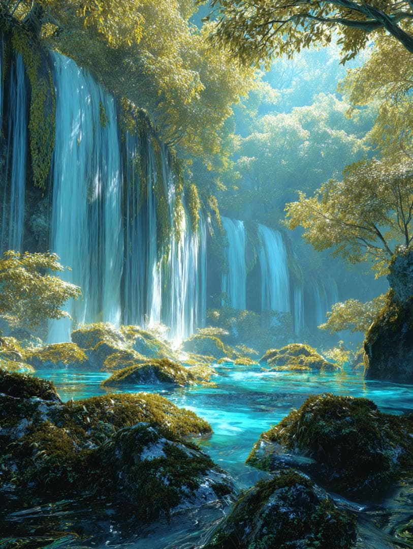 445【神霊山水・神宿り】清らかな森と水の浄化・癒やしの光【神仏画・風景画】