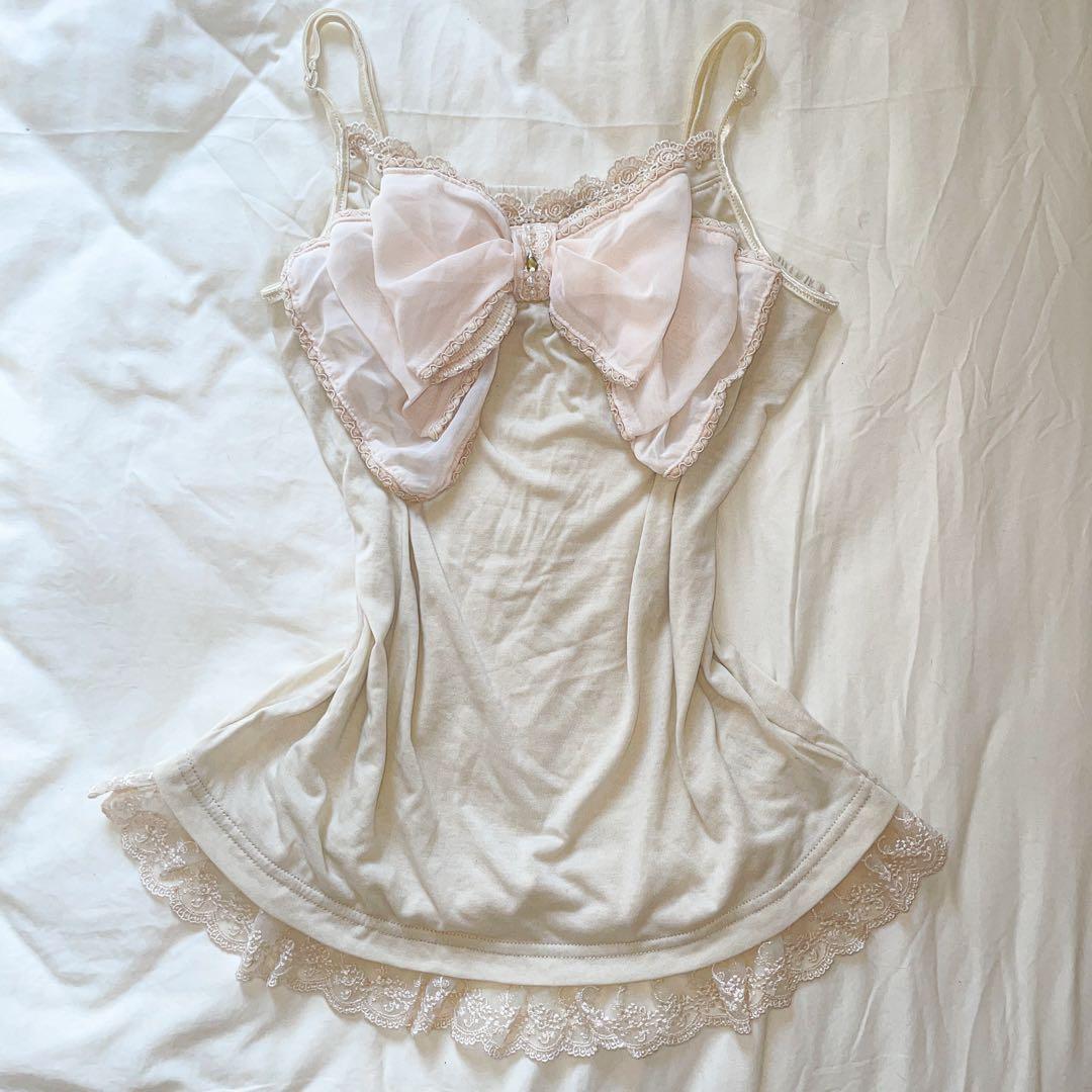 00s 希少 axes femme ピンクホワイト ビッグリボンレースキャミ 姫