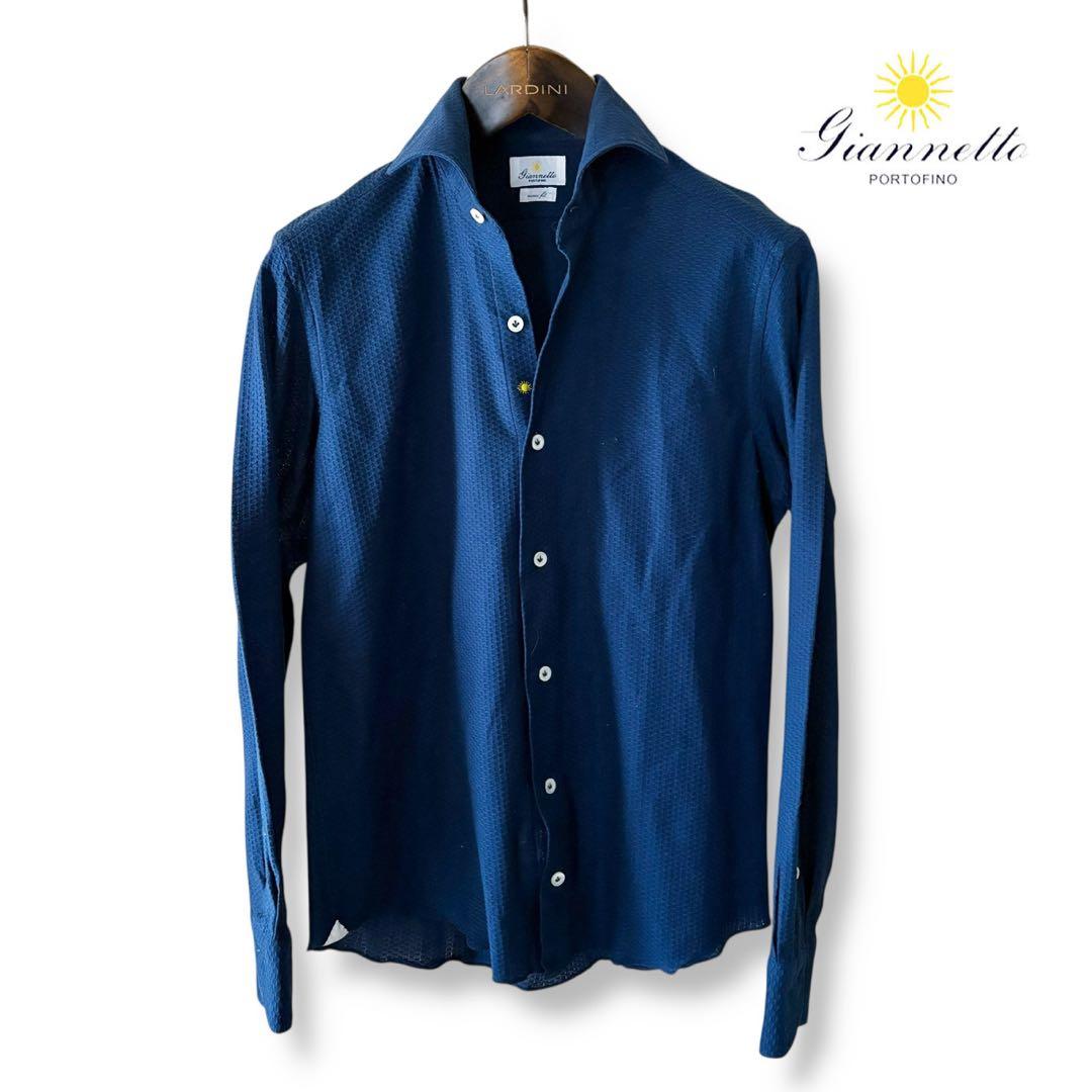GIANNETTO vinci fit/ネイビー/コットンニットストレッチシャツ