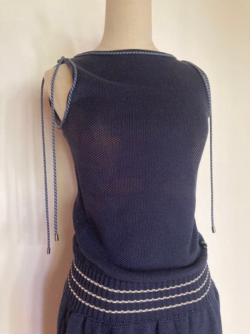 CHANEL サマーニット ノースリーブ ワンピース ドレス 36 ネイビー