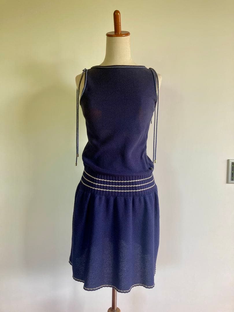 CHANEL サマーニット ノースリーブ ワンピース ドレス 36 ネイビー