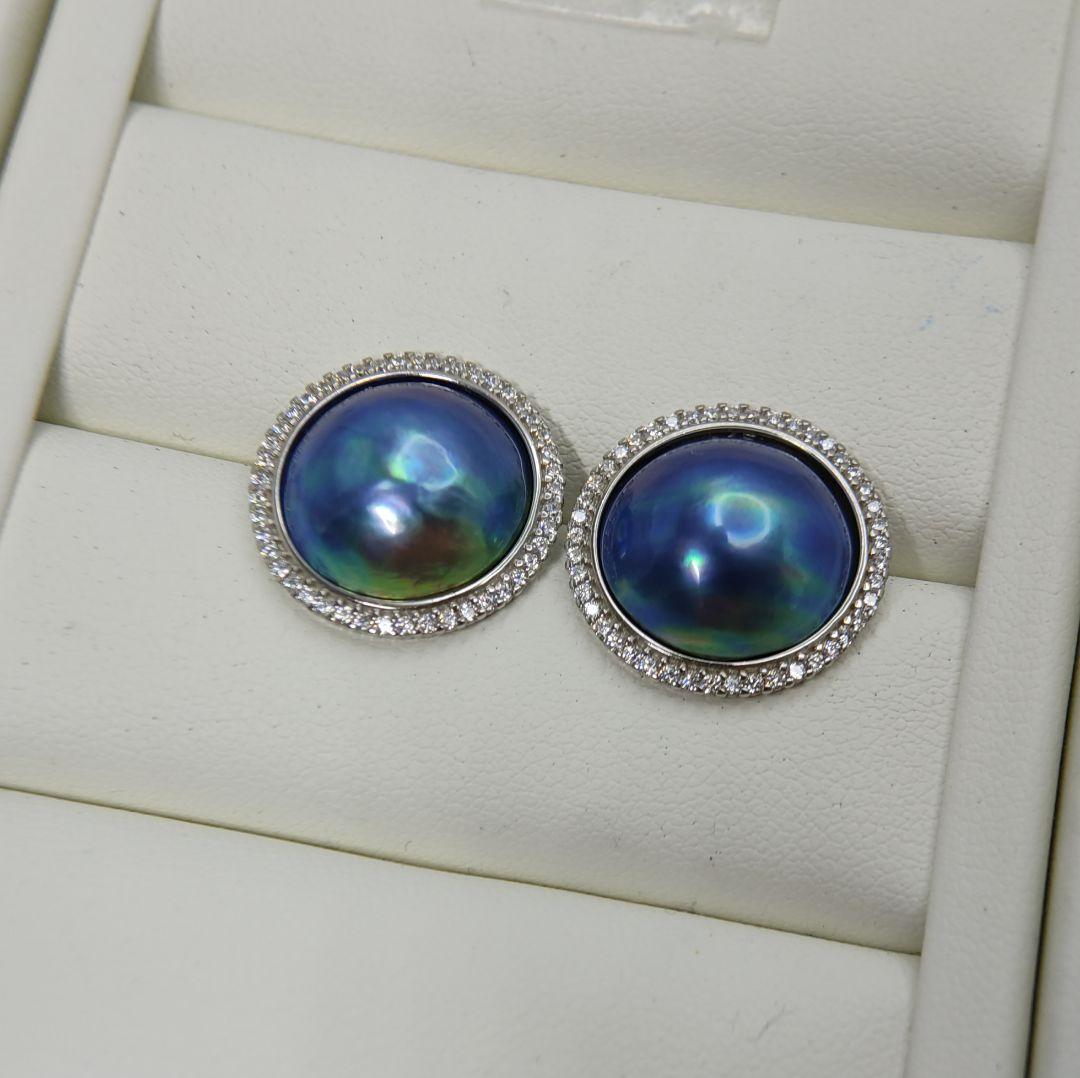 くっきー☆様ご確認用　本真珠　マベパール　ブルー緑オーロラ干渉色　S925ピアス