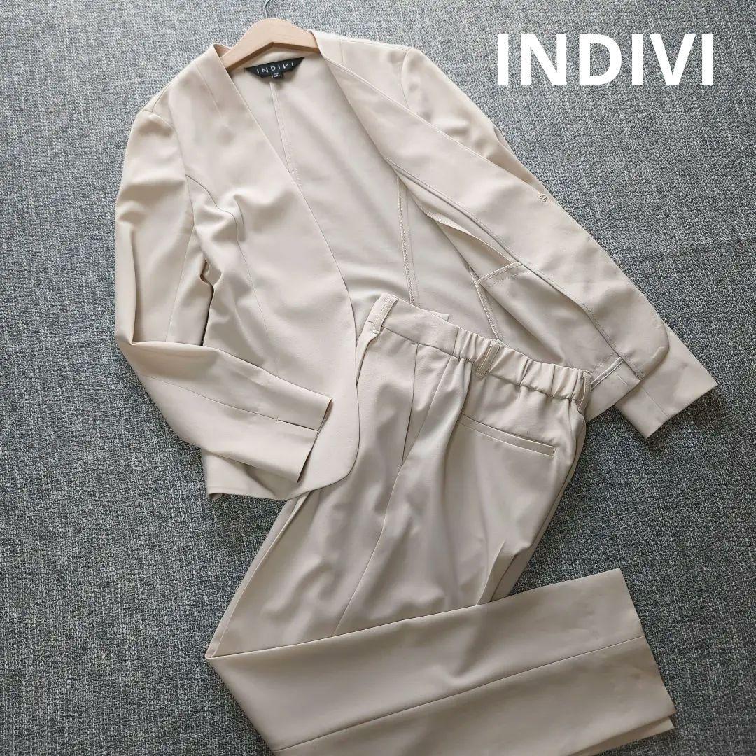インディヴィ　春夏　UVケア　接触冷感　洗える　セットアップスーツ　アイボリー