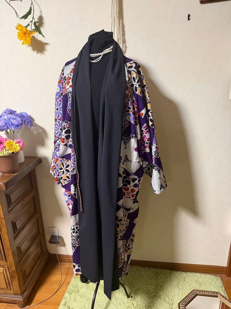 ソウソウ　羽織コート　梳毛×モスリン もじり袖 可逆　濡羽色×扇　着物みたい