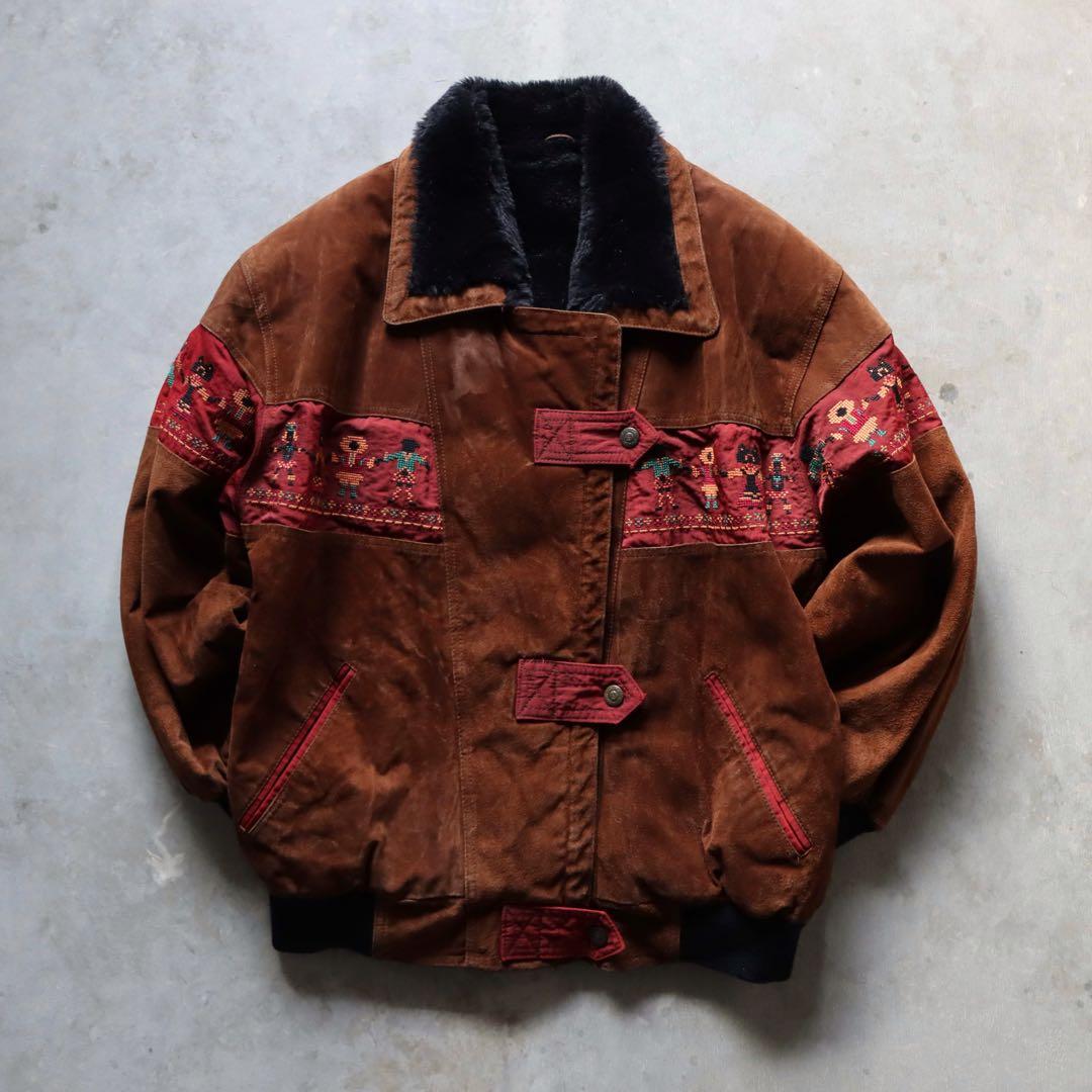 90s ブラウン レザースエードジャケット 刺繍　ファー襟 キルティング