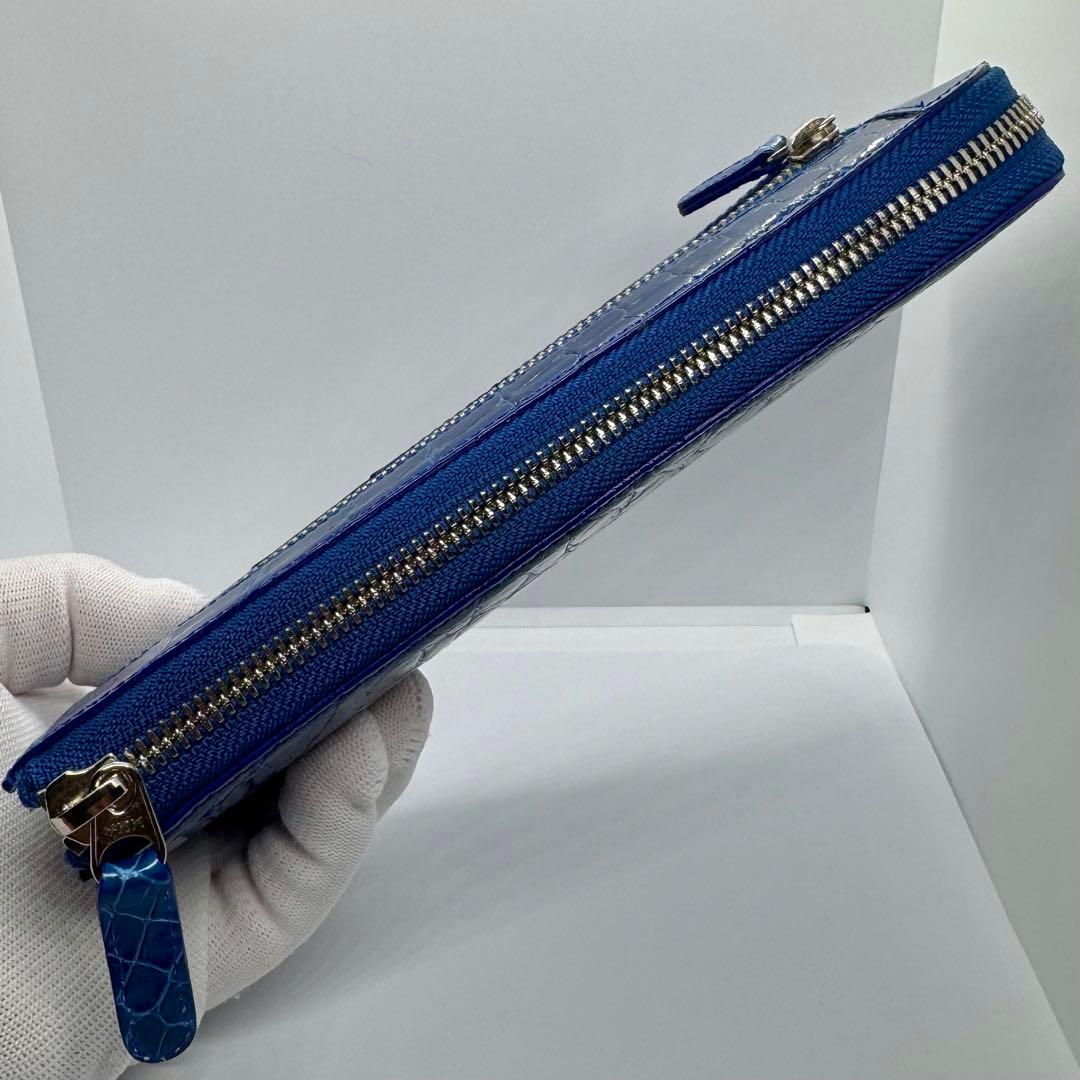 未使用級✨ ブルー染め シャイニングクロコ 長財布 L字ジップ JRA認定 男女
