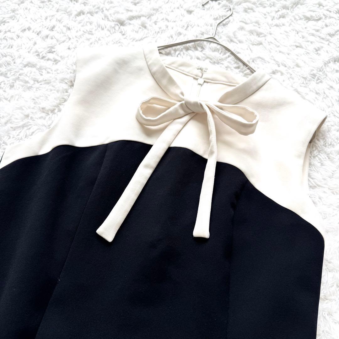 美品✨ルネ バイカラー ノースリーブ ボウタイ ワンピース フレア 白 黒 34