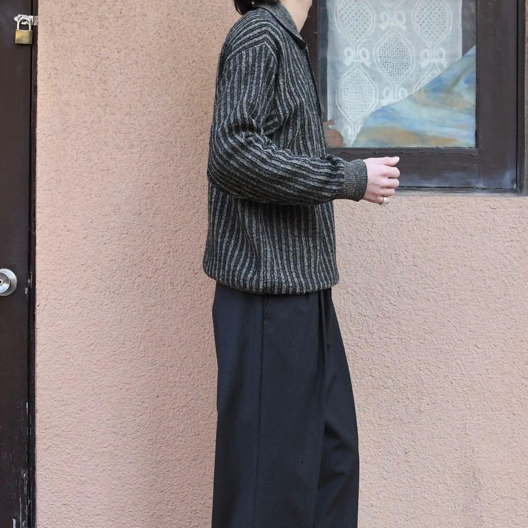 古着 ストライプ ニットポロ ニット セーター デザインニット チャコールグレー