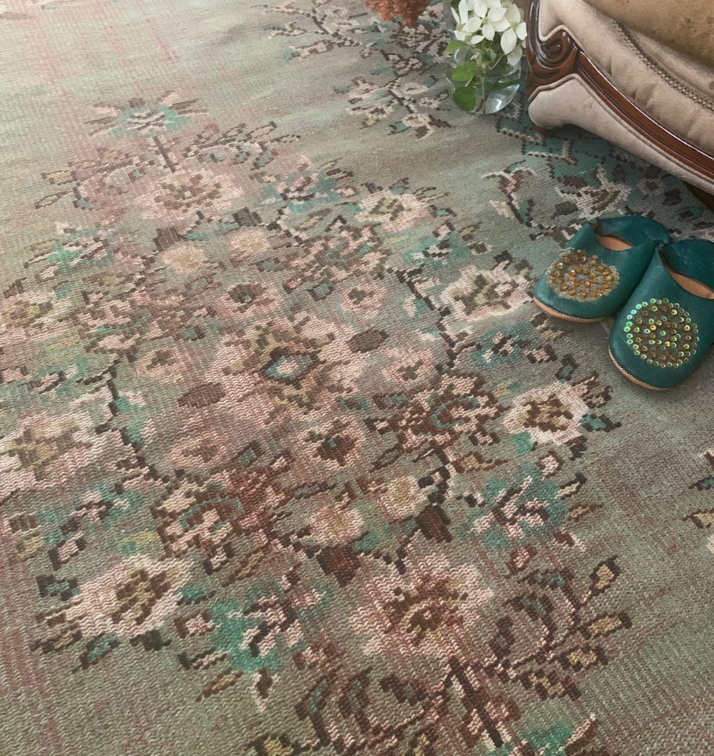 トルコヴィンテージラグ　超大判　オーバーダイ　253×143グリーン　トルコラグ