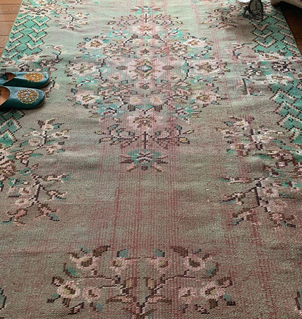 トルコヴィンテージラグ　超大判　オーバーダイ　253×143グリーン　トルコラグ