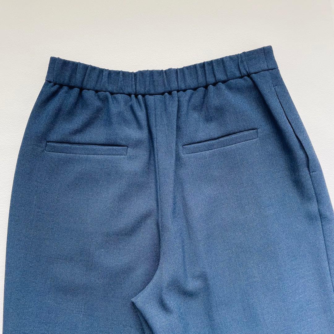 インディヴィ ノーカラー ワイドパンツスーツ ネイビー ストレッチ 洗える