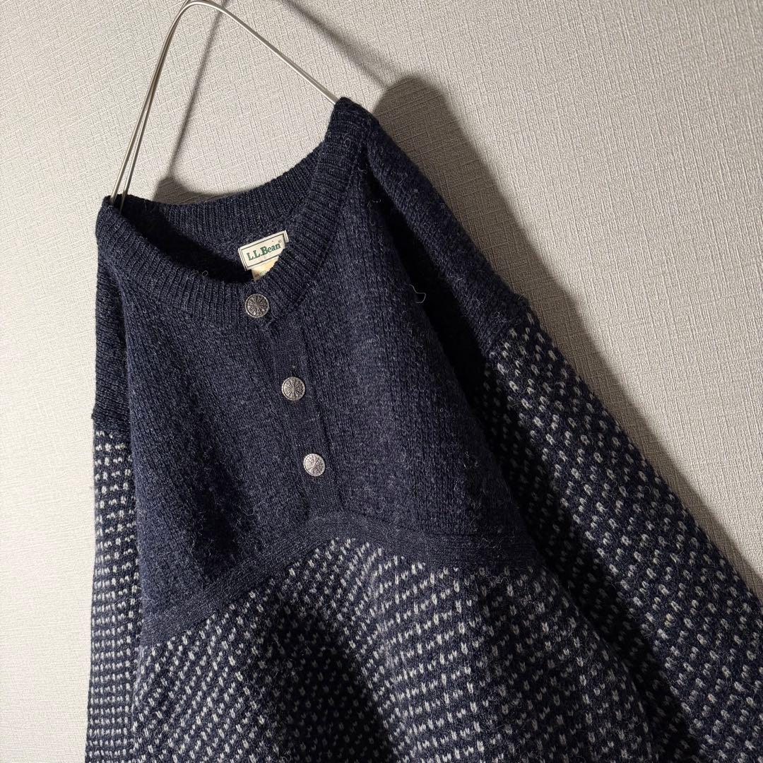 ノルウェー製★L.L.Bean バーズアイニット ハーフボタン ネイビー 人気L