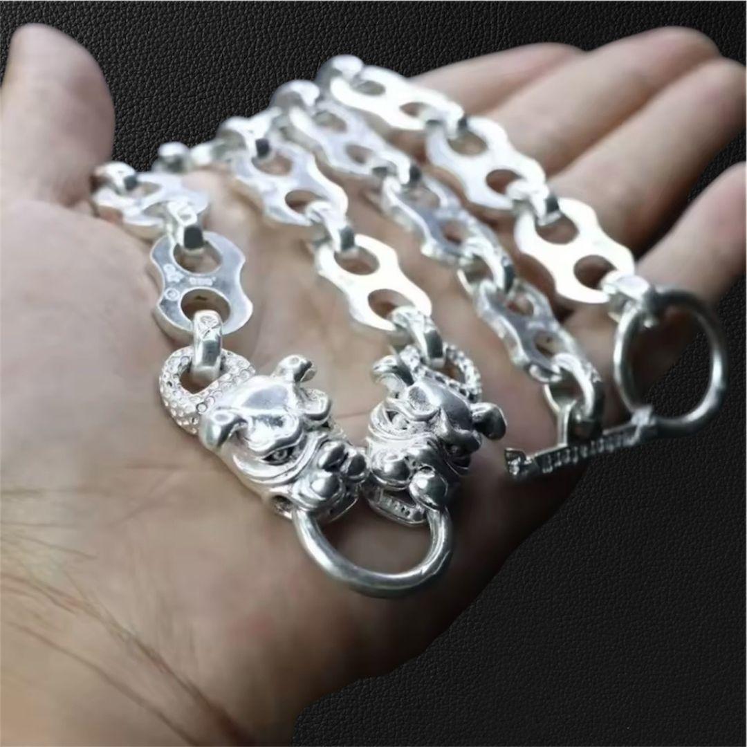 シルバー925刻印 ヴィンテージチェーン ピットブル彫刻 ネックレス 重厚感 犬