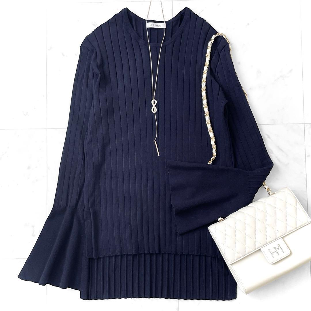 極美品 アドーア フレアスリーブ リブ編み ニットプルオーバー クルーネック