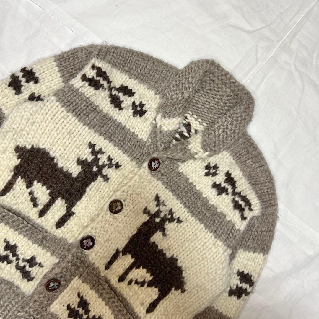 カナダ製 カウチンニット L相当 トナカイ柄 貝ボタン 手編み 肉厚 アメカジ