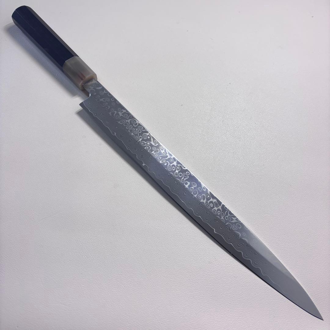 尺　300mm 墨流しダマスカス 柳刃包丁 黒檀本 牛八角柄　刺身包丁 和包丁ᙁ