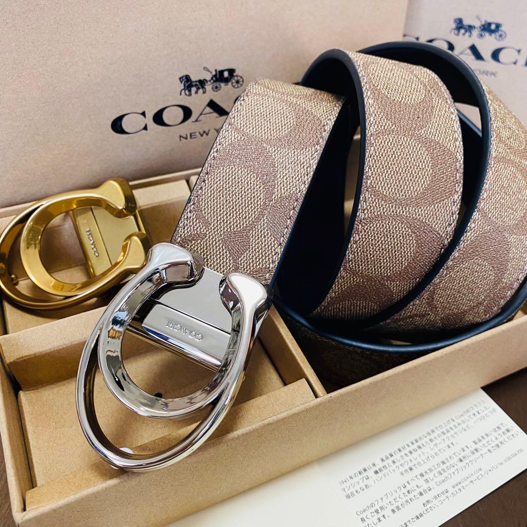 セール COACHコーチ新品正規品リバーシブルレザーベルト 回転バックル2個