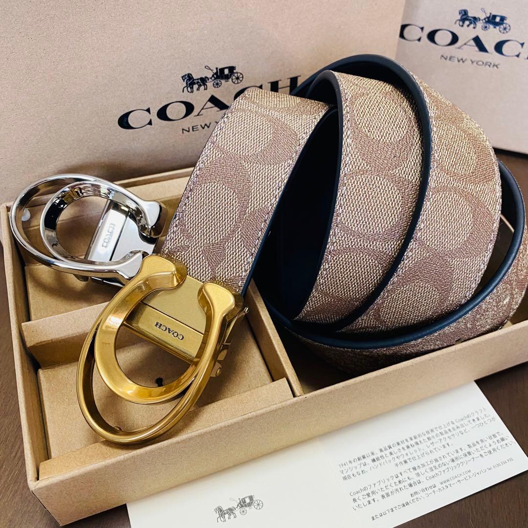 セール COACHコーチ新品正規品リバーシブルレザーベルト 回転バックル2個