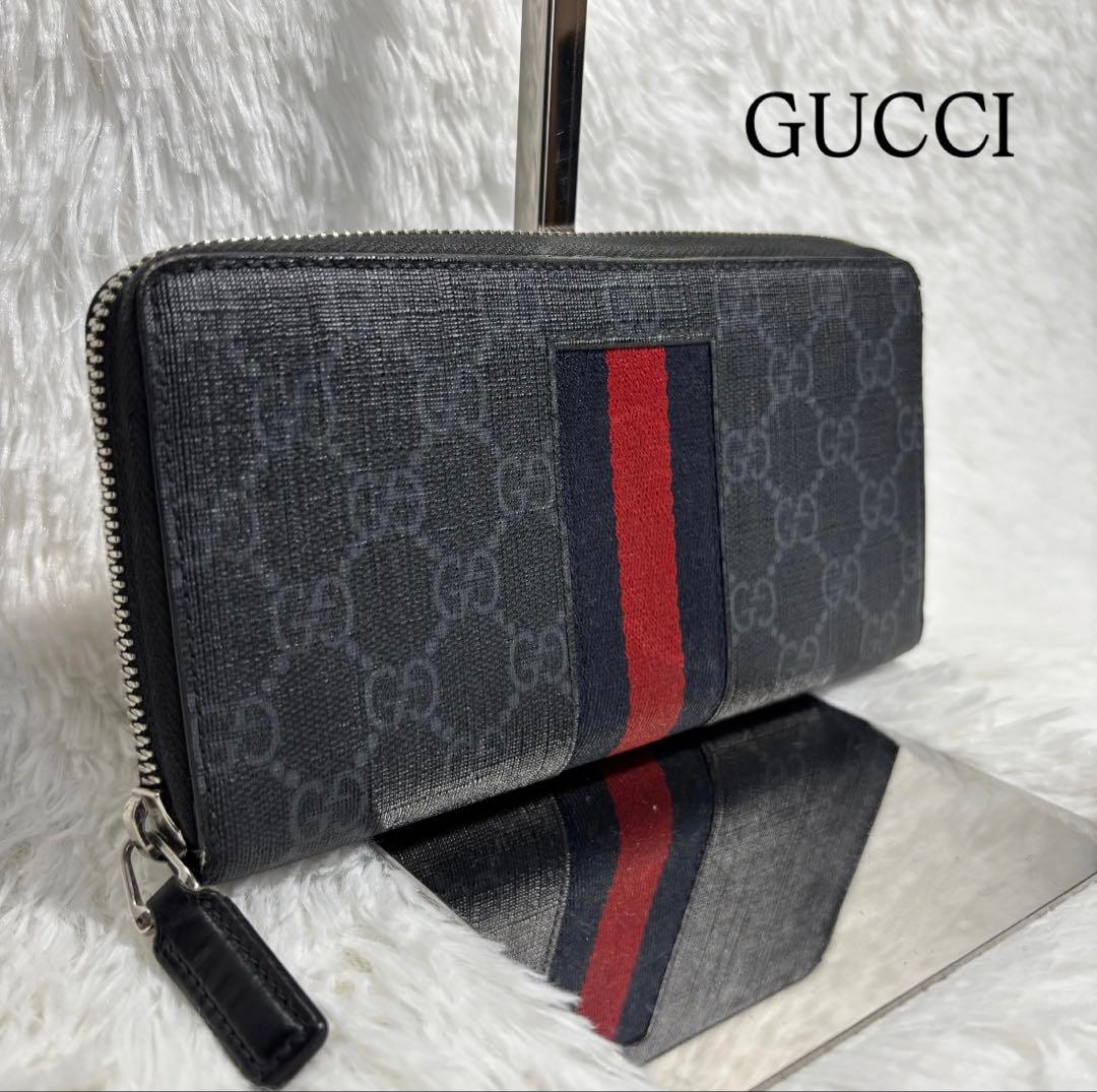 ✨高級✨ グッチ シェリーライン GGスプリーム ラウンドジップ 長財布 青 赤