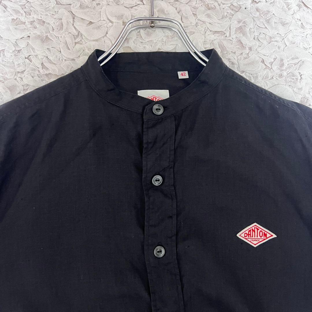 『希少サイズ』　DANTON バンドカラーシャツ　リネン100% 黒　【XL】