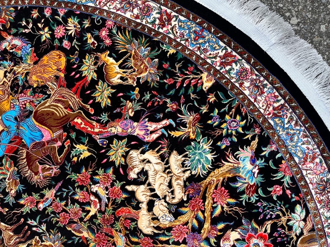 円形高級絨毯【 円形1.5m】バンブーシルク ラグ 花柄 動物柄 フリンジ付き