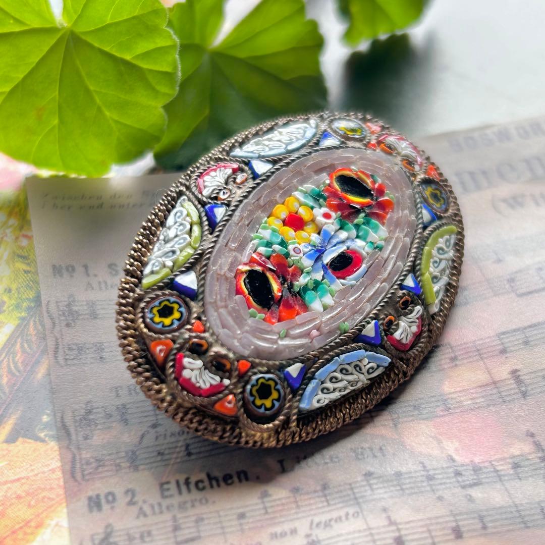 最終価格✤ITALY【大きなマイクロモザイク】美しいヴィンテージブローチ