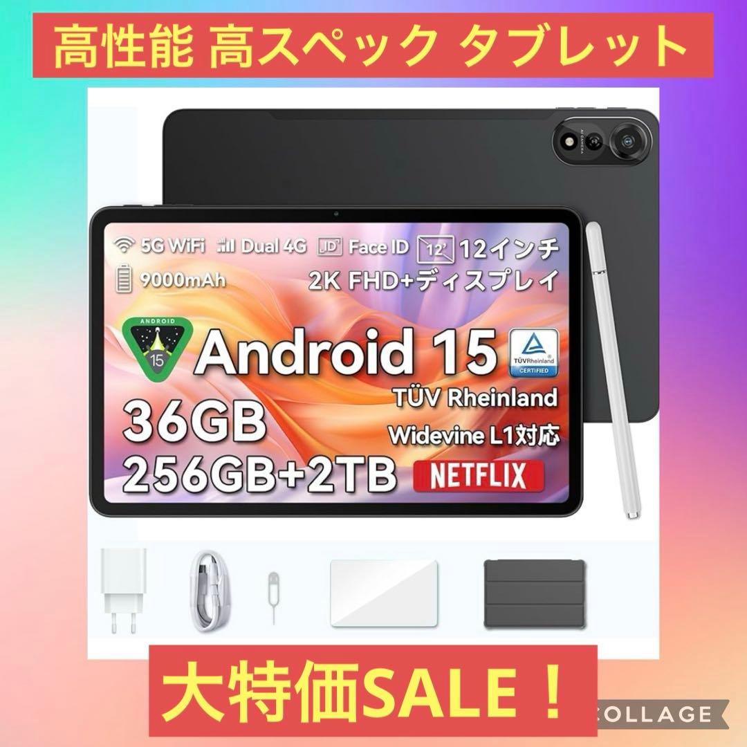 【Android 15 タブレット 12インチ 2K IPS大画面】 Black