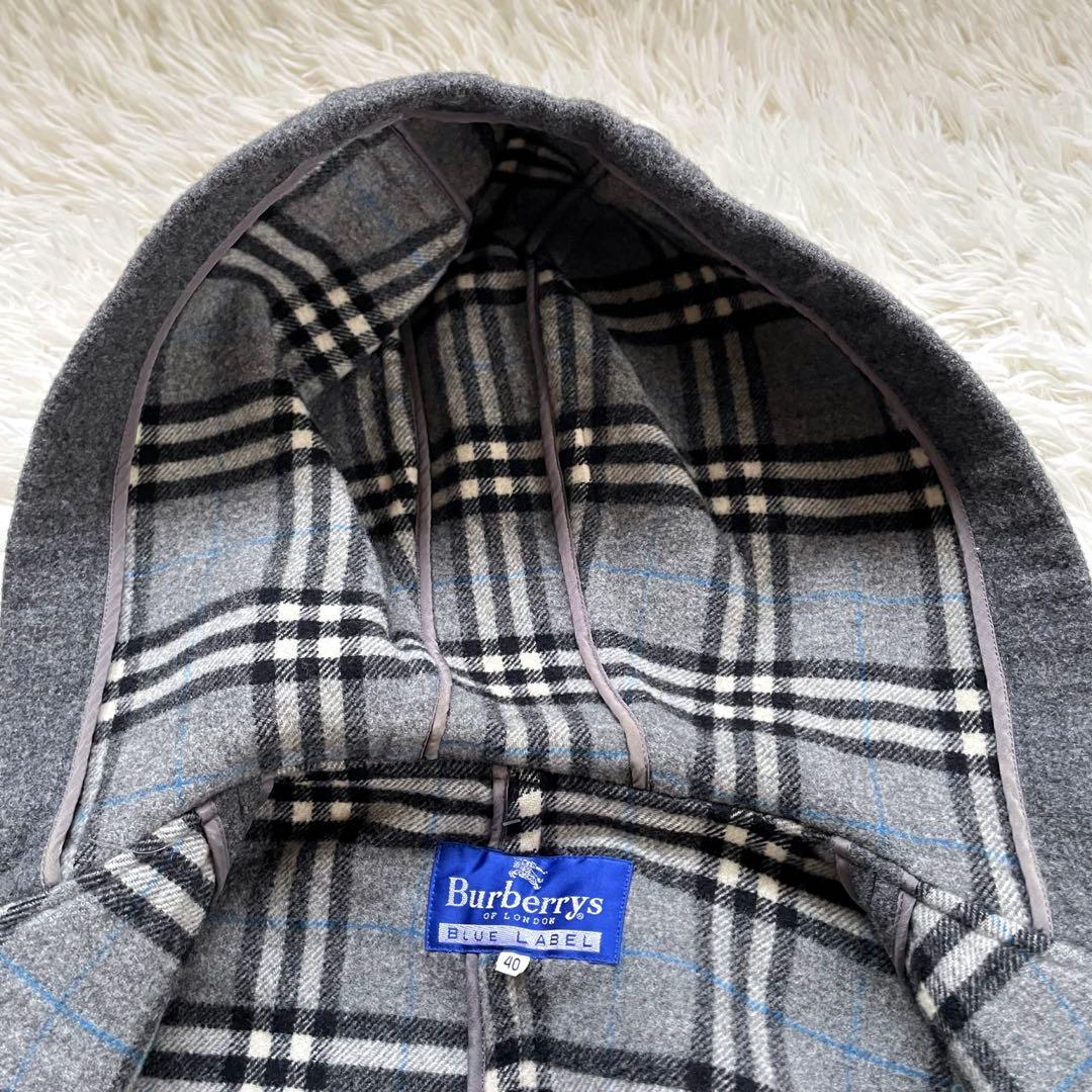 バーバリーブルーレーベルグレーフーデッドダブルコート裏ノバチェック