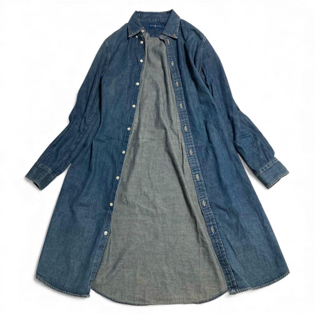 訳あり★ラルフローレン デニムシャツワンピース ポニー刺繍 シェルボタン