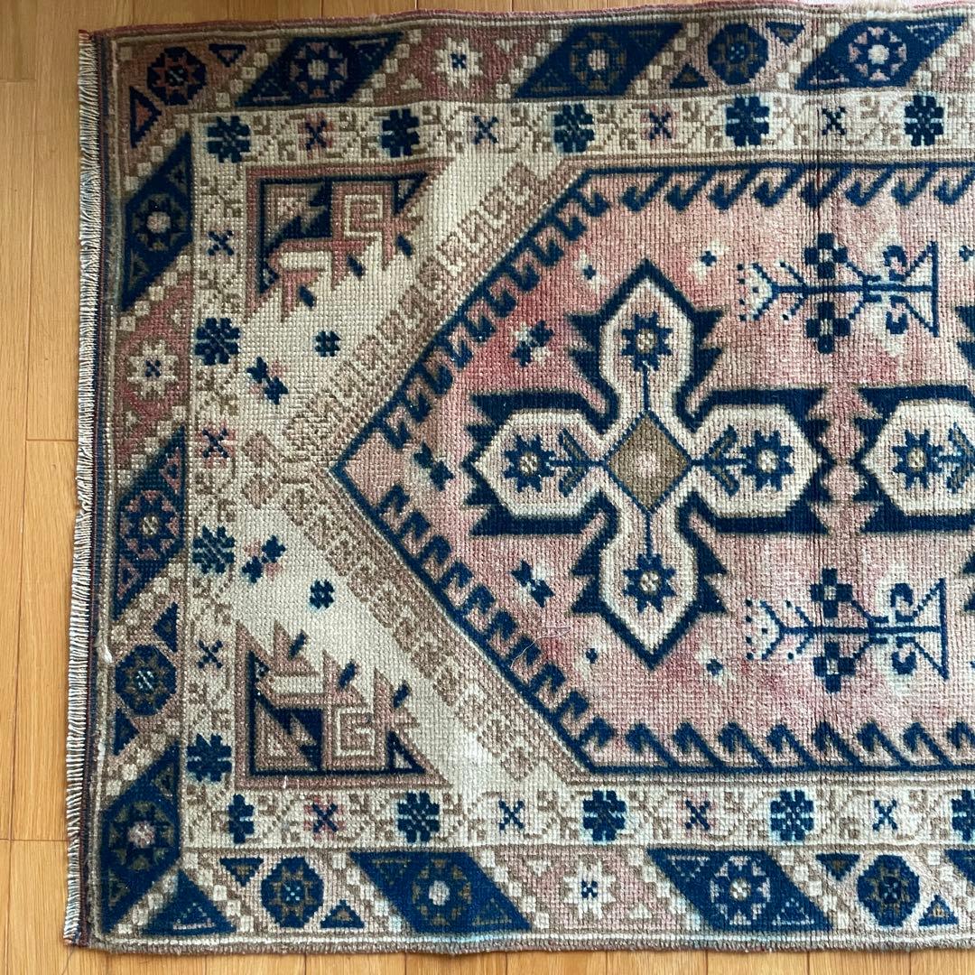 115×72cm ◇トルコヴィンテージラグ　ブラウン615　ブルー　幾何学模様