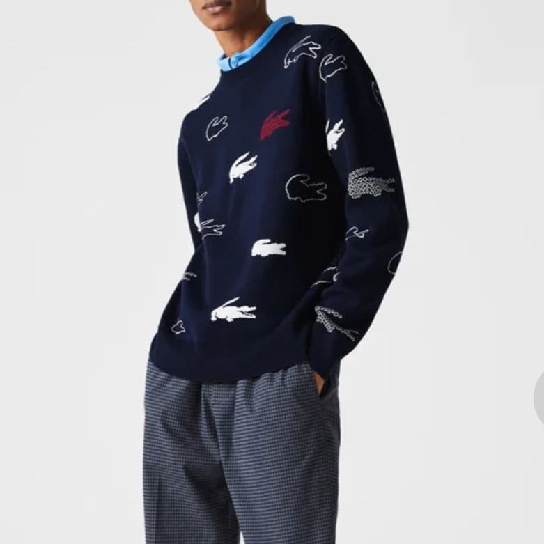 【美品】フランス製 LACOSTE ラコステ ジャガードニットセーター L