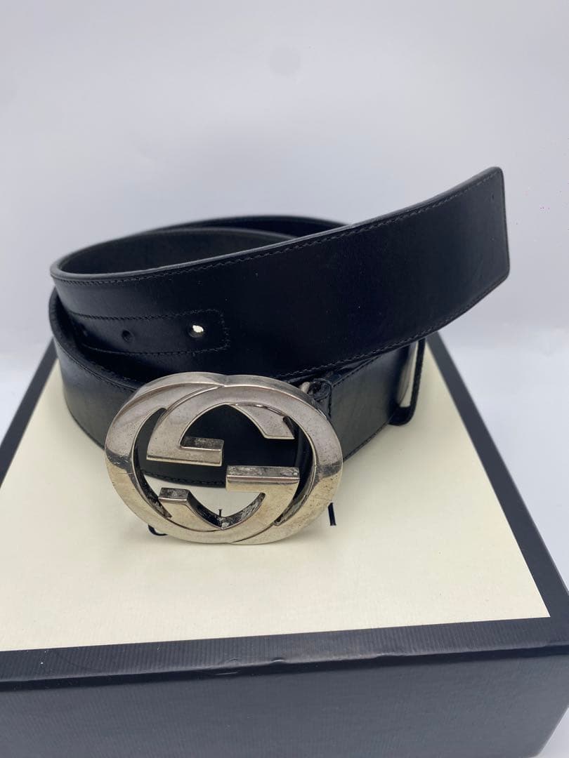 GUCCI グッチ　インターロッキング シマ　GG　ベルト　ブラック　レザー