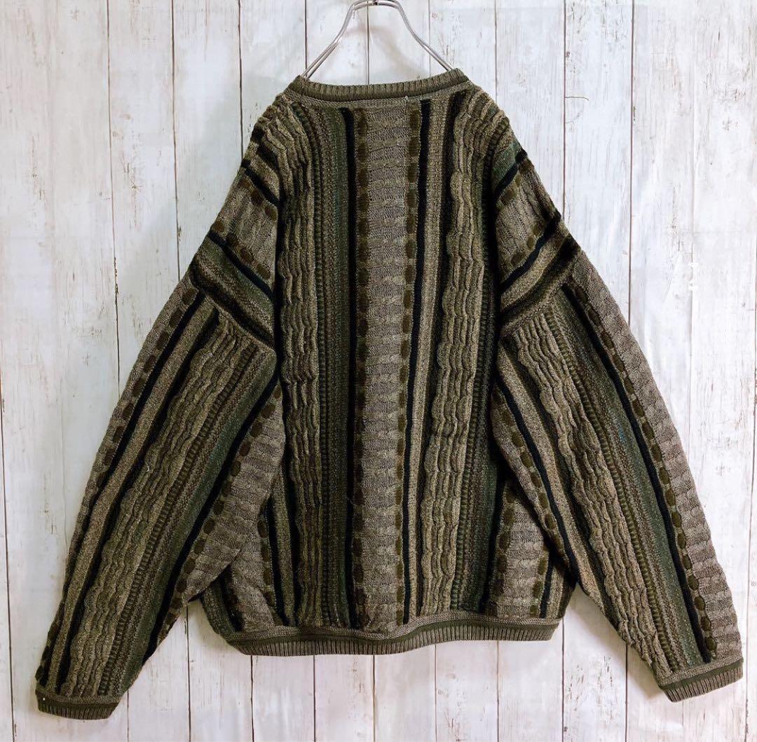 LAVANE USA製 アクリル 立体 総柄 3Dニット ダークグリーン系