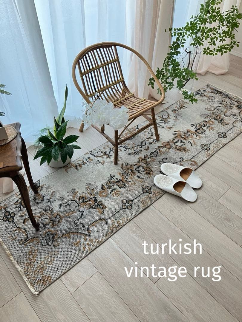 ライトグレー54×199ブラック　キャラメル　ランナー　トルコヴィンテージラグ