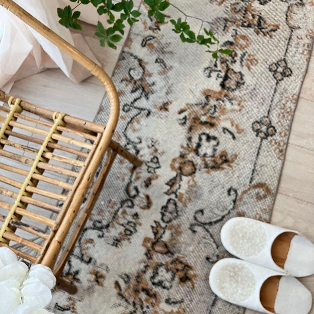 ライトグレー54×199ブラック　キャラメル　ランナー　トルコヴィンテージラグ