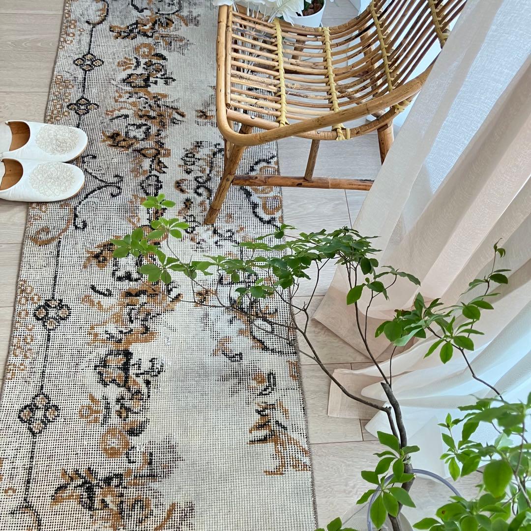 ライトグレー54×199ブラック　キャラメル　ランナー　トルコヴィンテージラグ