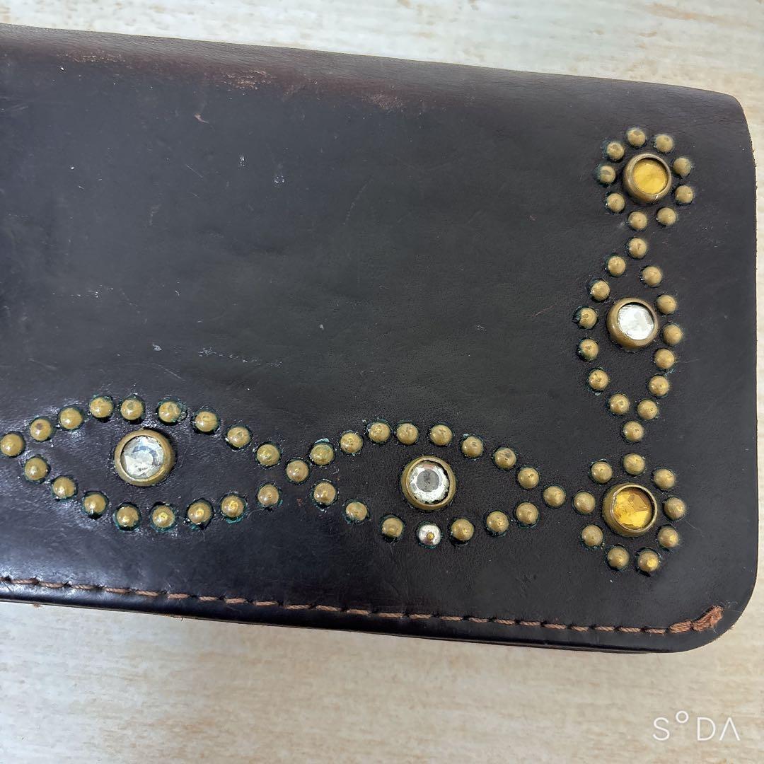 HTC 長財布 財布 スタッズ ダークブラウン