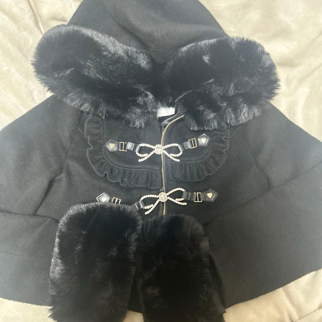 LIZLISAデザイン ビジューリボン付きショートコート フードコート ブラック