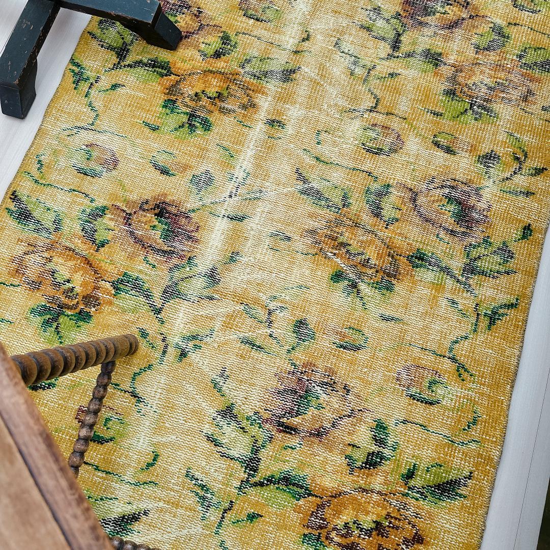 トルコヴィンテージラグ A77 レア イエロー グリーン オーバーダイラグ