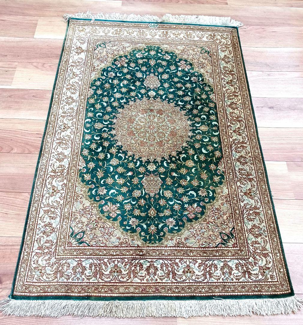 Y3134 高級ペルシャ クム産 シルク100% 手織り絨毯 80×122㎝