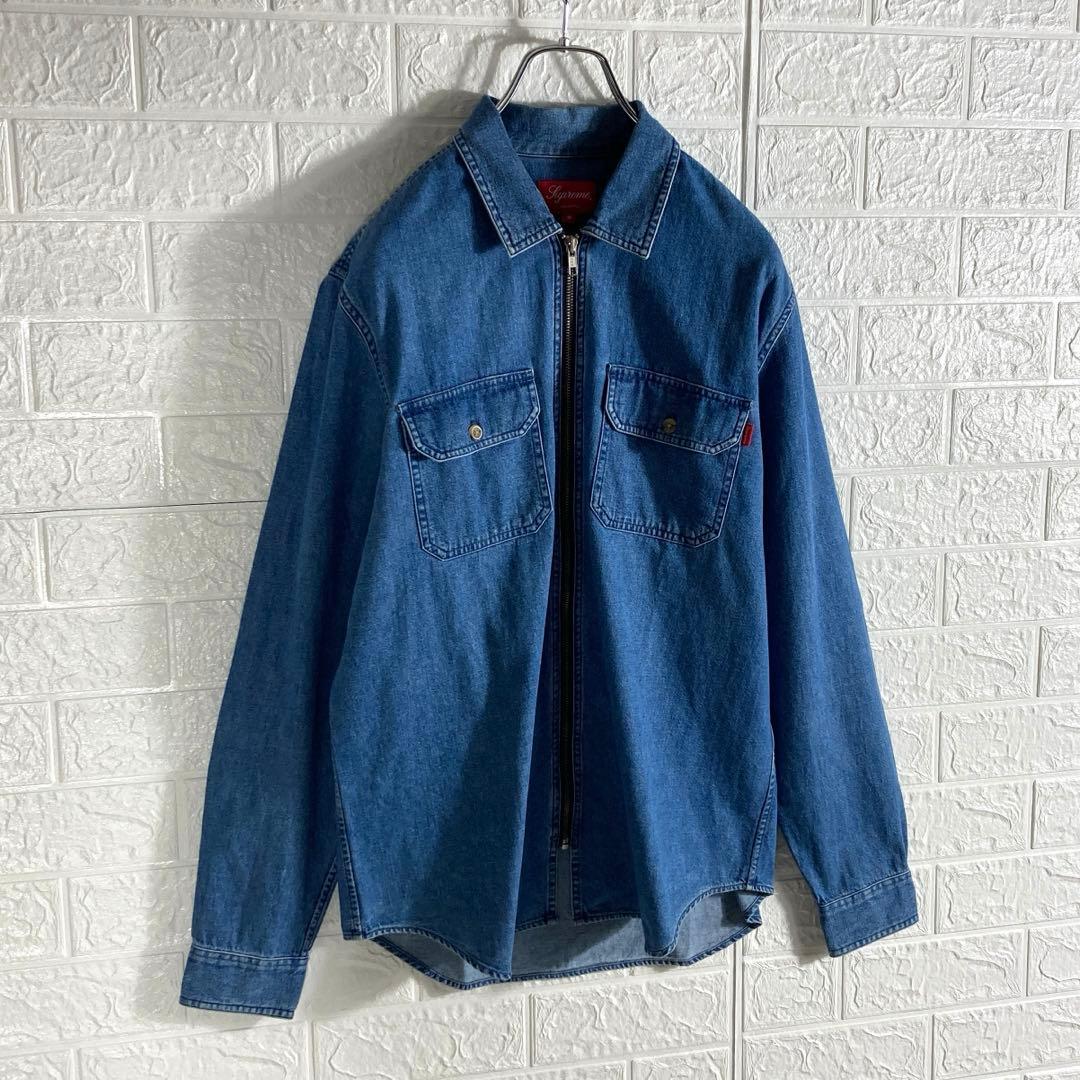 【超人気モデル!!】シュプリーム フロントジップ バック刺繍ロゴ デニムシャツ