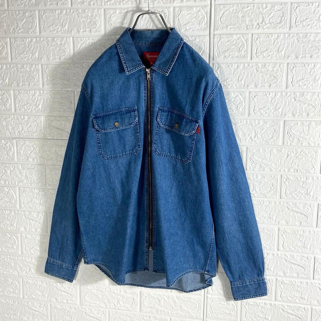 【超人気モデル!!】シュプリーム フロントジップ バック刺繍ロゴ デニムシャツ