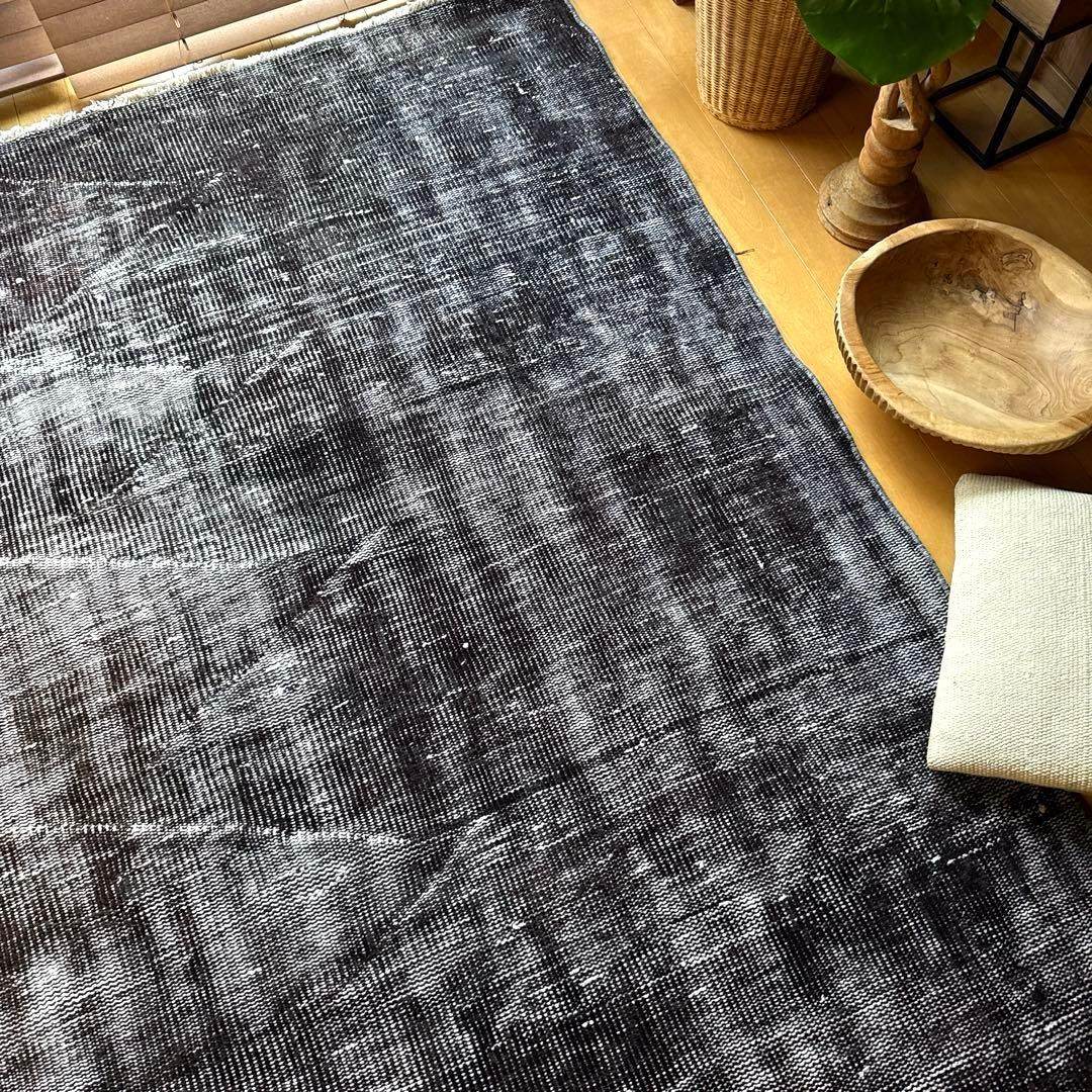 大判151×260 オーバーダイ　ブラックダークグレイ　トルコヴィンテージラグ