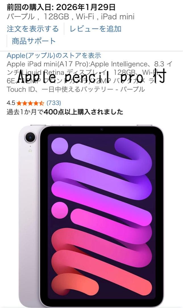 Apple Pencil + Apple iPad mini 7 パープル