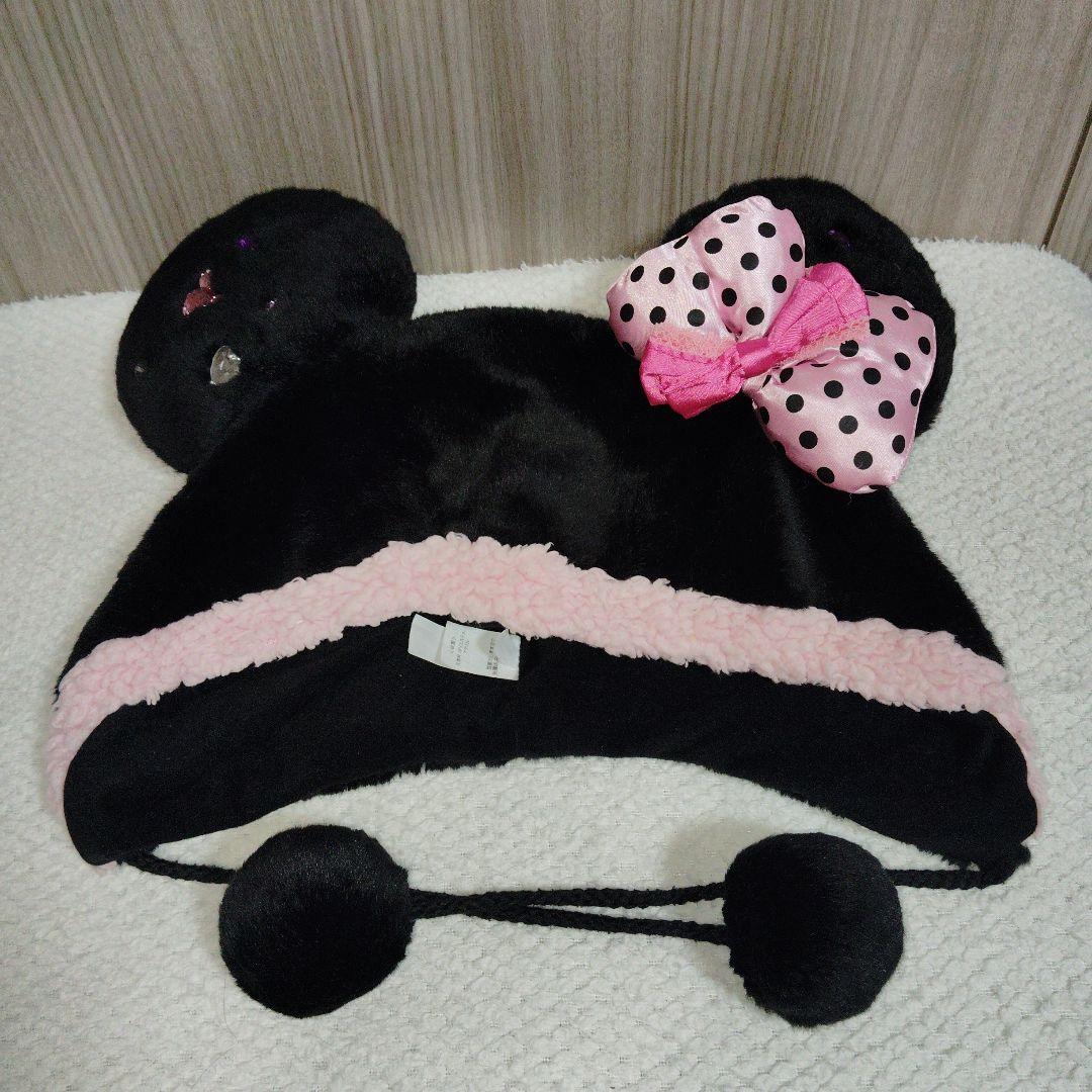 ディズニー　ミニー　黒　ピンク　水玉　リボン　ファンキャップ　ビジュー　ミニパル