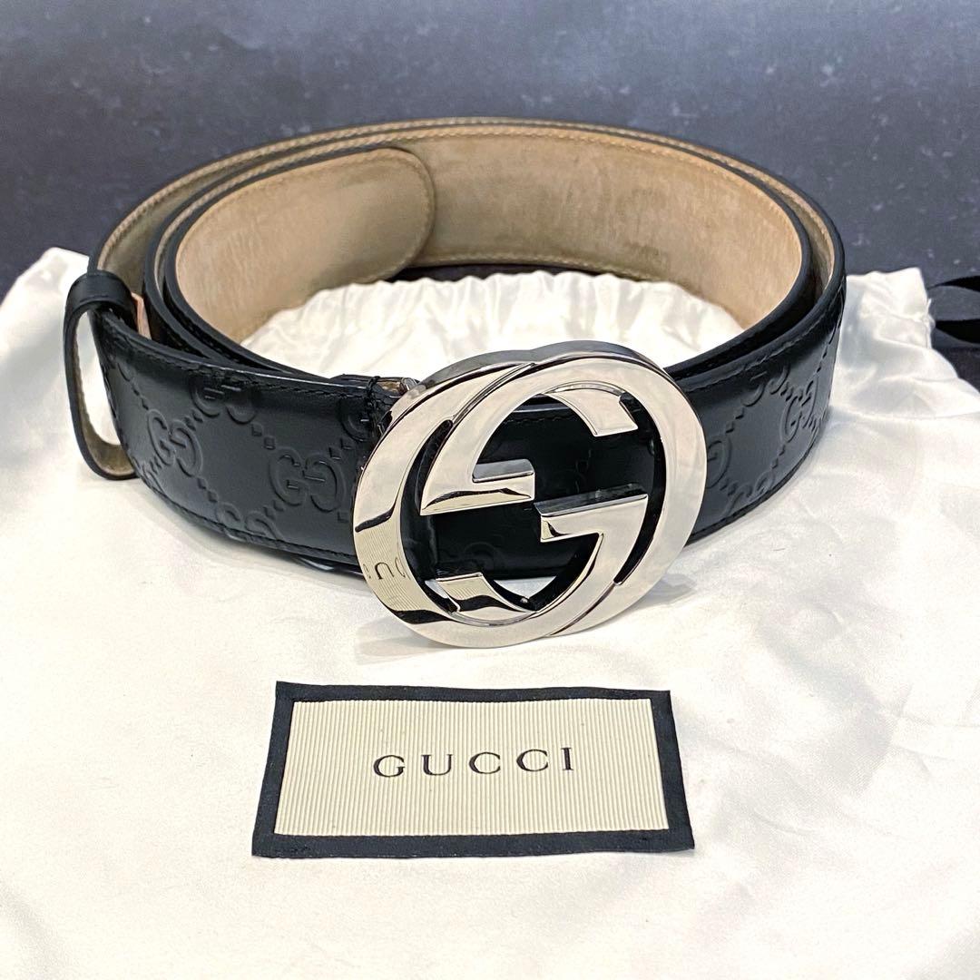 美品　グッチ　GUCCI　ベルト　シマ　レザー　インターロッキング　GG　黒