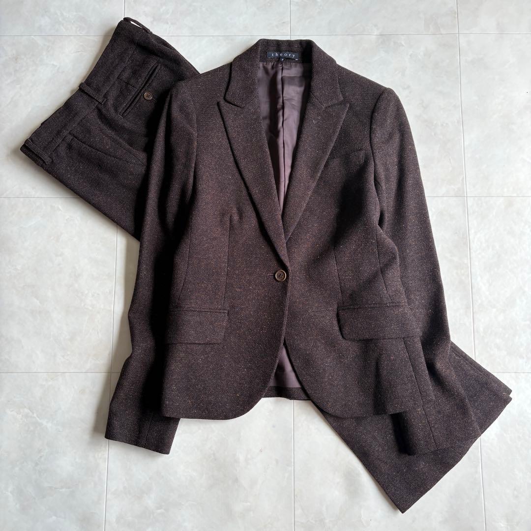 Theoryツイード調 テーラード フレアパンツスーツ セットアップ 茶 2