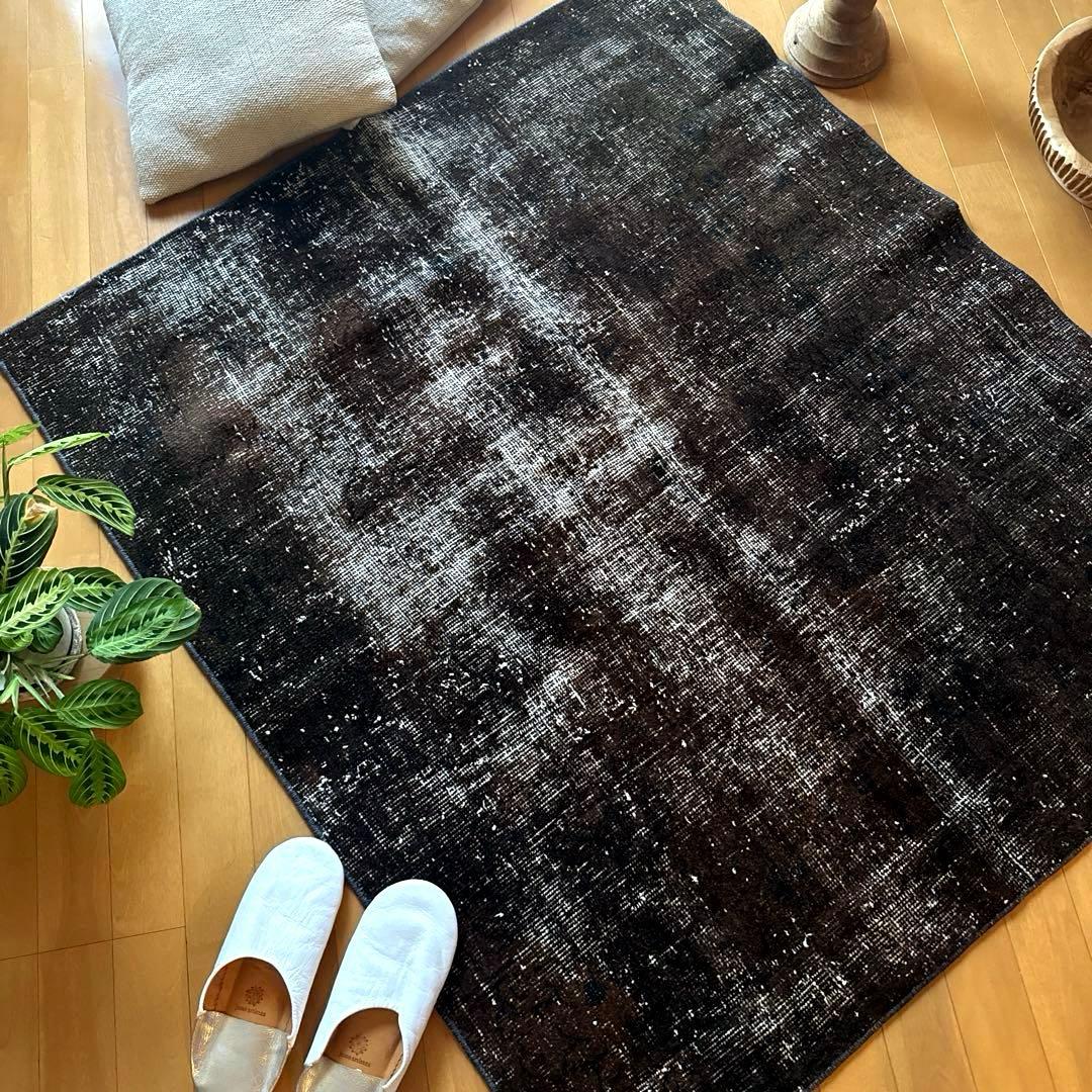 109.5×124 レアこげ茶ブラック　オーバーダイ　トルコヴィンテージラグ