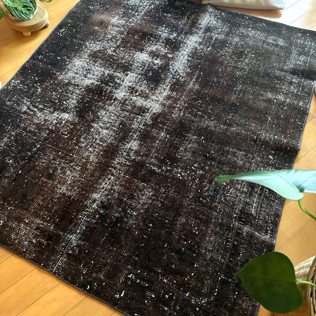 109.5×124 レアこげ茶ブラック　オーバーダイ　トルコヴィンテージラグ